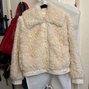 Tory Burch Shearling Fur and Patent Leather Camilla Jacket XL Off White Cream